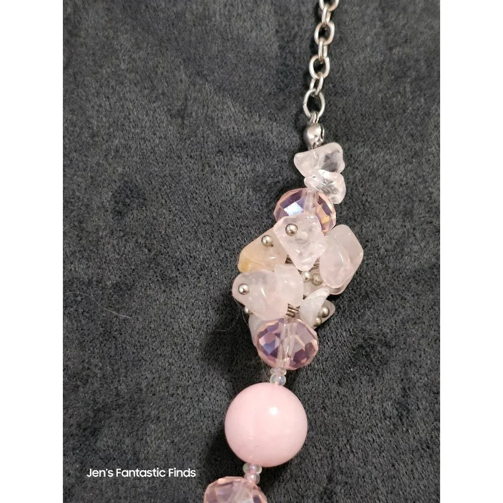 Rose Quartz Crystal Necklace &‎ Earrings Set With Silver Chain & Clasp